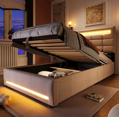 MEUNIQ gestoffeerd bed 90 x 200 cm met hydraulische opbergruimte, LED-verlichting met app-bediening en USB-aansluiting, eenpersoons bed voor slaapkamer, beige