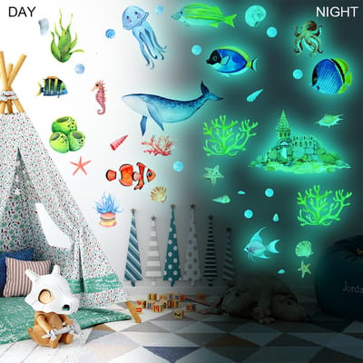 Glow in the Dark Onderwaterwereld / Walvis / Kwallen / Zeepaardjes / Koraal Sticker Kinderkamer Zelfklevende Cartoon Muursticker