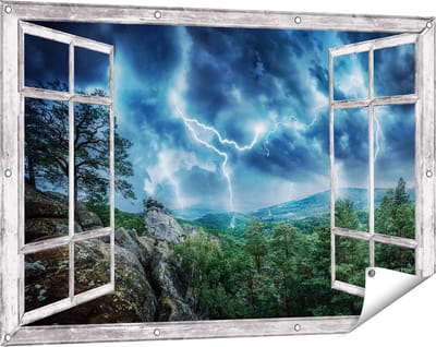 Gards Tuinposter Doorkijk Onweer in het Bos - Bliksem - 120x80 cm - Tuindoek - Tuindecoratie - Wanddecoratie buiten - Tuinschilderij