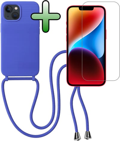 Hoes Geschikt voor iPhone 13 Mini Hoesje Met Koord Met Screenprotector - Telefoonhoesje Geschikt voor iPhone 13 Mini Backcover Met Afneembaar Koord - Felblauw