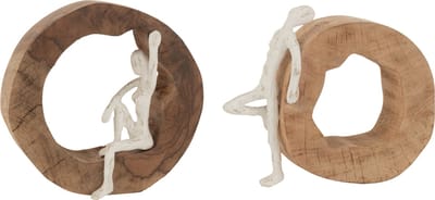 J-Line decoratie Rustend - hout/metaal - naturel/wit - 2 stuks