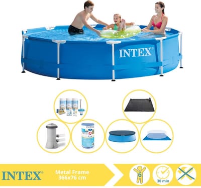 Intex Rond Frame Zwembad - 366 x 76 cm - Blauw - Inclusief Pomp - Afdekzeil - Onderhoudspakket - Filter - Grondzeil - Solar Mat - 7-delig