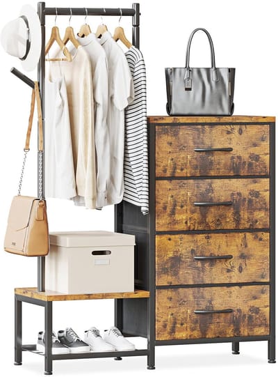 Dailygoods- Commode 3-in-1 met kledingrek - Opbergkast met 4 stoffen laden - Dubbel schoenenrek - Geschikt voor slaapkamer en entree - Ruimtebesparend ontwerp