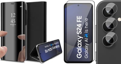 Hoesje geschikt voor Samsung Galaxy S24 FE - Screenprotector Volledig Dekkend Glas & Camera - Spiegel Book Case Zwart