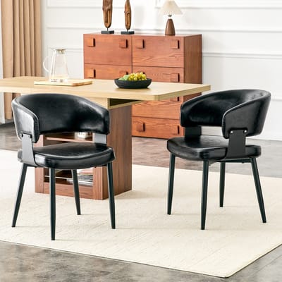 OKWISH Eetkamerstoel – Set Van 2 Met Armleuningen En Ergonomische Rugleuning – Retro Voor Eetkamer Of Woonkamer – PU – Zwart