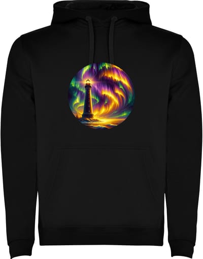 Zwarte hoodie Kleurrijk Vuurtoren met het prachtige Noorderlicht - Geweldig - Humor Maat M