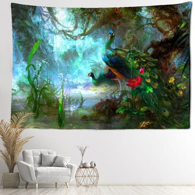 Tropisch Regenwoud Pauw Wandkleed Boheemse Stijl Kunst Landschap Dierlijke Esthetiek Kamer Huisdecoratie 95x70CM