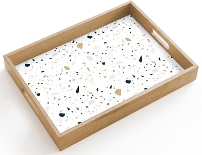 Dienblad hout 40x30 cm - Schootdienblad - Terrazzo - Patroon - Wit - Neutraal - Borrelplank rechthoek - Plateau dienbladen
