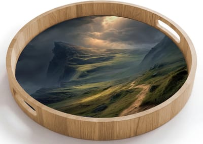 Dienblad rond 40x40 cm - Schootdienblad hout - Bergen - Kronkelpad - Groen - Wolken - Borrelplank rechthoek - Plateau houten dienbladen