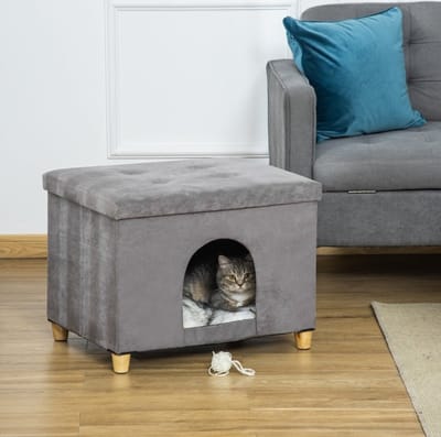 MEUNIQ 2-in-1 kattenhuis en kattenhocker 60 x 45 x 44,5 cm met afneembaar kussen, voor katten tot 5 kg, grijs kattenmeubel voor woonkamer