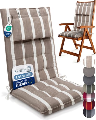 Beautissu Sun-HL – Premium Hoge Rugleuning Stoelkussen 120x50 cm – UV-bestendig – 8cm Dik – met Hoofdkussen & Bevestigingsbanden – Antislip – Beige Wit Gestreept