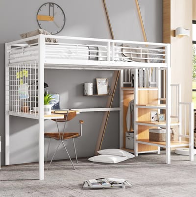 MEUNIQ Hoogslaper 90x200 cm met bureau, kledingkast en trap, metalen bedframe met spaanplaat, voor kinderkamer, wit/naturel