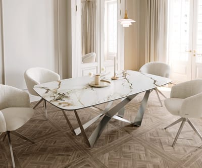 Eetkamertafel Edge wit-goud-grijs Boot keramiek Calacatta Luxe 200x100 spider vlak staal RVS