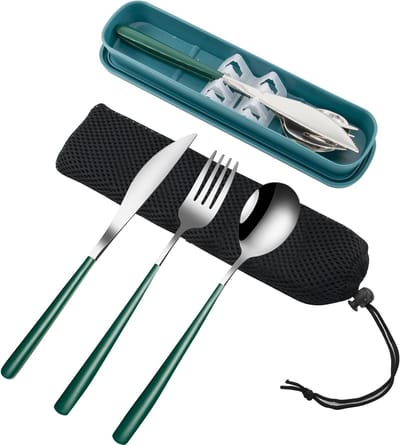 Draagbare Bestekset van 3 Stukken met Etui, Roestvrijstalen Herbruikbaar Bestek voor Lunch, Reizen, Kamperen en Picknicks (Diepgroen)