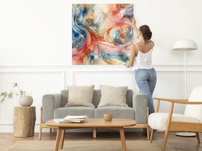 Abstract aquarel schilderij | Golvende kleuren dansen in harmonie op het canvas schilderij | Kunst - 80x80 centimeter op Dibond | Foto op Dibond