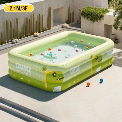 Opblaasbaar Zwembad Rechthoekig 150 x 105 x 55 cm – Dino Kinderzwembad – Dik PVC – Familiebad voor Tuin & Buiten – Groen