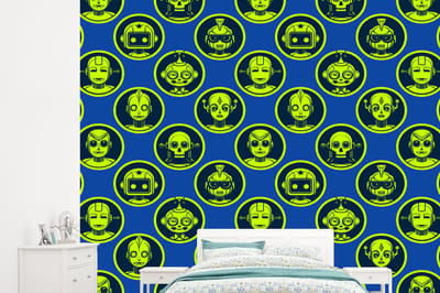 Behang - Fotobehang Patronen - Robot - Geel - Blauw - Jongens - Kinderen - Kids - Jongetje - Breedte 245 cm x hoogte 220 cm