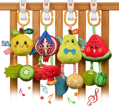 Babywagen Hangspeelgoed voor Baby's 0-9 Maanden - Zachte Rammelaar met Geluid, Bijtring en Sensory Speelgoed voor Autostoel en Kinderwagen