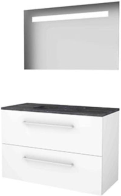 Basic-Line Economic 46 Badkamermeubelset - 100 x 46 cm - Met Grepen - 2 Lades - Hardstenen Wastafel - Zonder Kraangat - Spiegel met LED Verlichting - Ice White