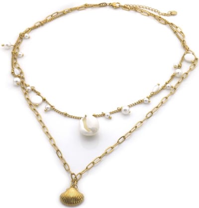 Schelpen Design Ketting Dames | Dubbele Laag | Parel Details | Verstelbaar | Roestvrij Staal | Goudkleurig