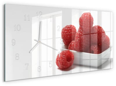 Tulup Wandklok - Frambozen Wandklok Glas Met Motief - 60x30 cm - Rood Decoratieve Glazen Klok - Witte Handen - Rechthoekige Wandklok - Wandklok Glas Met Motief - Decoratieve Glazen Klok