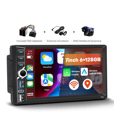 Boscer 2DIN Android 15 Autoradio – 7 Inch HD IPS Touchscreen – 6+128GB – Draadloze Apple CarPlay & Android Auto – GPS, Bluetooth, WiFi, USB & USB-C – Inclusief Achteruitrijcamera & Microfoon