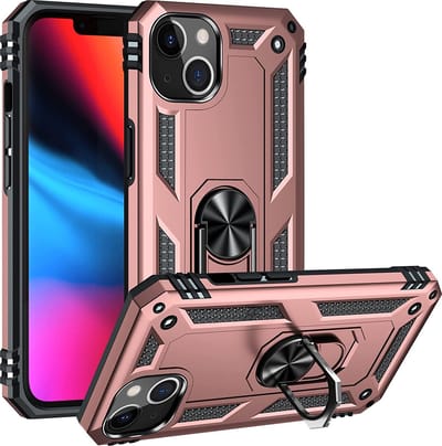 Casemania Hoesje Geschikt voor Apple iPhone 14 - Rosegoud - Anti-Shock Hybrid Armor Back Cover - Hoes met Kickstand Ring