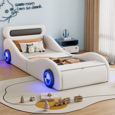 STILVORA Kinderbed Eenpersoonsbed 90x200cm – Auto-Design Met Verlichte Wielen & Opbergklep – Gestoffeerd Met Zachte Rand – PU – Wit – Zonder Matras