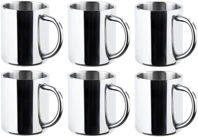 HI RVS mokken set van 6x - dubbelwandig - Outdoor/camping drink mokken - 200 ml
