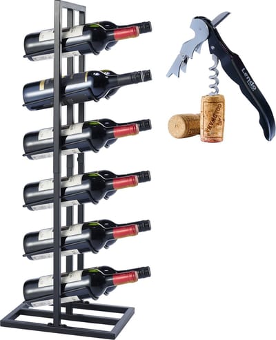 Lendo Online Wijnrek voor 12 flessen 31x21x84cm (LxBxH) Wijnkast - Wijnfleshouder - Wijnopslag met kurkentrekker Zwart Poedercoating Metaal Staal Flessenrek Industriële stijl