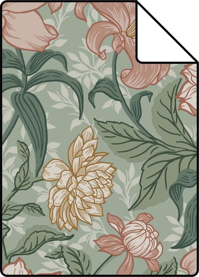 Proefstaal ESTAhome behang vintage bloemen groen en oudroze - 26.5 x 21 cm - 139378-S
