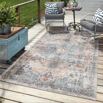 Mia’s Teppiche Bliss – Indoor & Outdoor vloerkleed, weerbestendig & onderhoudsvriendelijk, orientaals motief in blauw beige, 80 x 150 cm