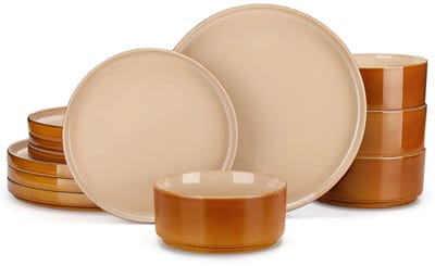 Luxe Serviesset – 12 delig – 4 persoons – Stenen - Bordenset – Dinner platen – Dessertborden - Kommen - Bruin