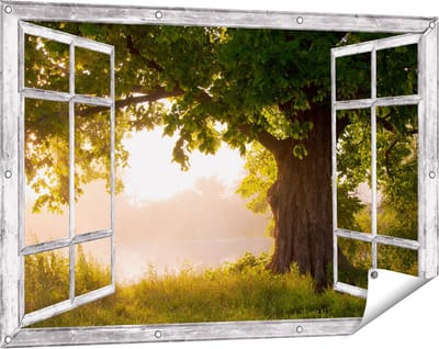 Gards Tuinposter Doorkijk Eikenboom aan het Water met Volle Bladeren - 120x80 cm - Tuindoek - Tuindecoratie - Wanddecoratie buiten - Tuinschilderij