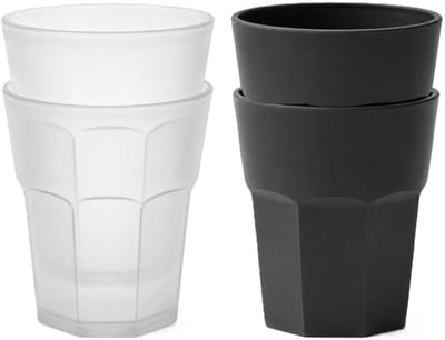 Plasticforte onbreekbare drinkglazen - 8x stuks - kunststof/plastic - mix van twee kleuren - zwart en transparant - 360 ml - 10 x 9 cm