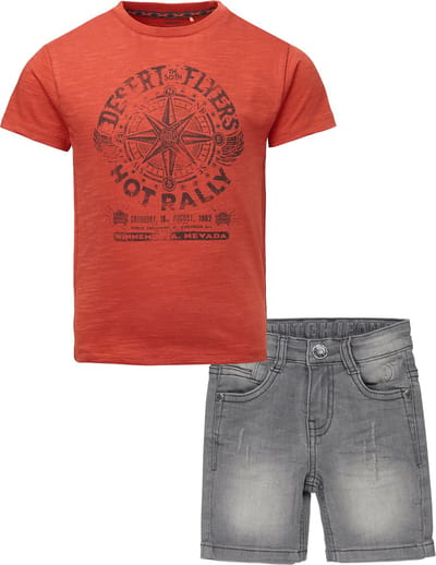 Noppies - DJ Dutchjeans - Kledingset - Jongen - 2delig - Short Grey Jeans - Shirt Garden Grove Hot Sauce - Maat 116