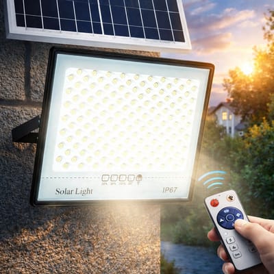 Solar 100W Krachtige, Waterdichte LED Schijnwerper voor Tuin en Terras–Nood verlichting- Zonne-energie Buitenlamp – 6000K Daglicht – IP67 Waterdicht – Met Batterij Indicator & Afstandsbediening–Waterdicht IP67 Tuinverlichting Noodpakket!CE 2026