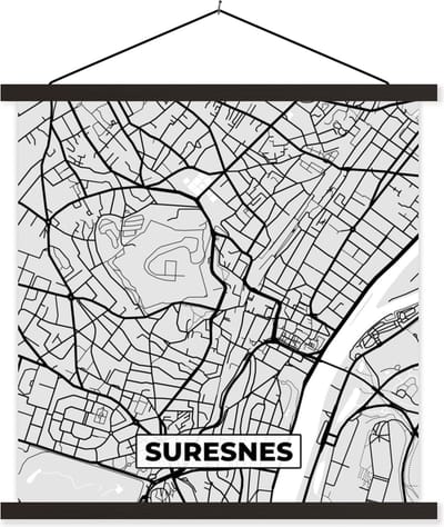 Posterhanger incl. Poster 60x60 cm - Schoolplaat - Plattegrond - Kaart - Stadskaart - Frankrijk - Suresnes - Textielposter - Zwarte latten - Stadskaart