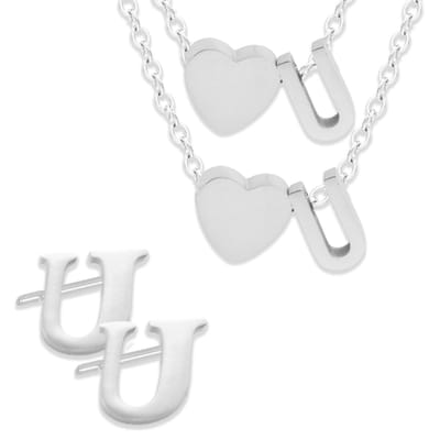 Initiaal Ketting & Armband & Oorbellen set met Letter U Zilverkleurig - Stainless Steel - Met letter & Hartje! - 3x Sieraden Cadeau - Pax Amare