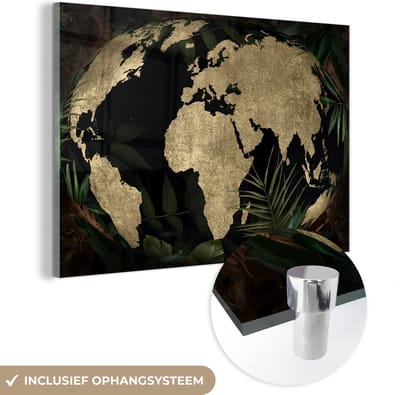 ® Glasschilderij 120x80 cm - Schilderij acrylglas - Wereldkaart - Planten - Vintage - Foto op glas - Muurdecoratie woonkamer - Wanddecoratie slaapkamer - Schilderijen
