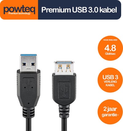 Powteq - 30 cm premium USB 2.0 verlengkabel - USB A male naar USB A female