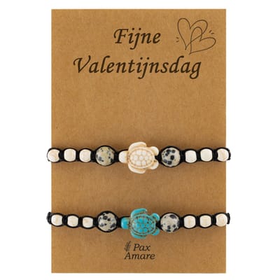 Koppel Armbandjes voor 2 "Fijne Valentijnsdag" - Schildpadjes - Vriendschapsarmbandjes met Persoonlijk Cadeau Kaartje - Blauw & Wit - Elastisch Verstelbaar - Pax Amare