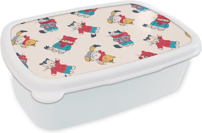 Broodtrommel Wit - Lunchbox - Brooddoos - Winter - Kat - Dieren - Patroon - 18x12x6 cm - Volwassenen