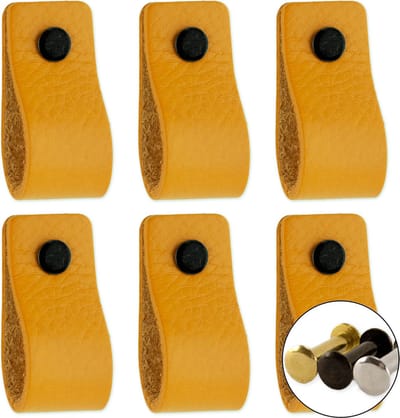 Leren handgrepen - Okergeel - 6 stuks - 12,5 x 2,5 cm - incl. 3 kleuren schroeven - Gele handgrepen leer - Leren meubelgreep - Leren handvaten kast - Leren lus - Handgreep leer - Leren greepjes - Handvat leer - Leren deurgreep - Leren handgreep geel