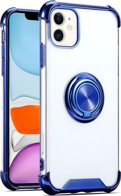 Hoesje Geschikt voor iPhone 12 Pro Max hoesje - Backcover met Ringhouder - Verstevigde hoeken - Transparant/Blauw