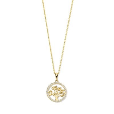 New Bling 9NBG-0661 Gouden Ketting met Hanger- Levensboom - 13,5mm - Zirkonia - Ankerschakel - 39+3+3cm - 0,87 Dikte - 14 Karaat - Goud