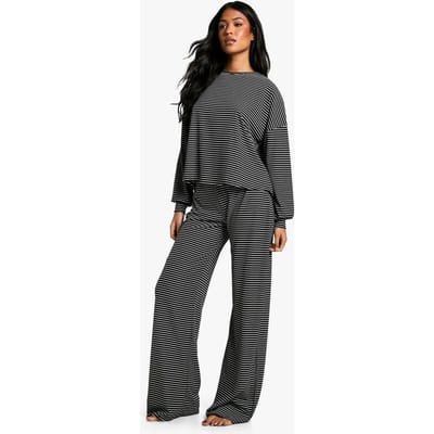 boohoo Dames Lange loungewear gestreepte top met lange mouwen & broek pyjamaset | Zwart | Maat: 36