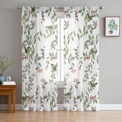 Zomer Plant Groen Blad Waterverf Vogel Transparante Gordijnen voor Woonkamer Decoratie Raamgordijnen Keuken Tule Voile Gordijnen W135 x H115cm x1 white