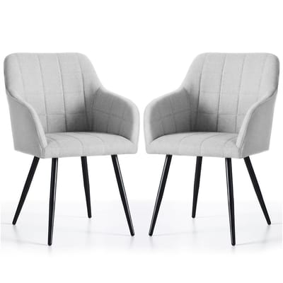 Set van 2 Eetkamerstoelen LUXANO met Armleuningen / Gestoffeerde Stoelen en Metalen Poten / Lumos-stof / Lichtgrijs met zwarte benen
