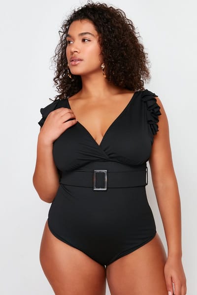 Trendyol Zwarte Diepe V-Hals Gebreide Trui Plus Size Badpak Tbbss24Am00015